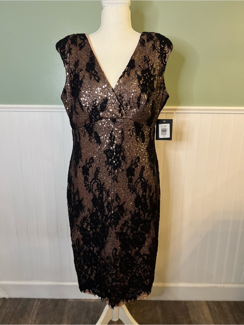 New With Tag- MARINA Elegant Black Lace Over Bronze Sequin Dress. Size 12